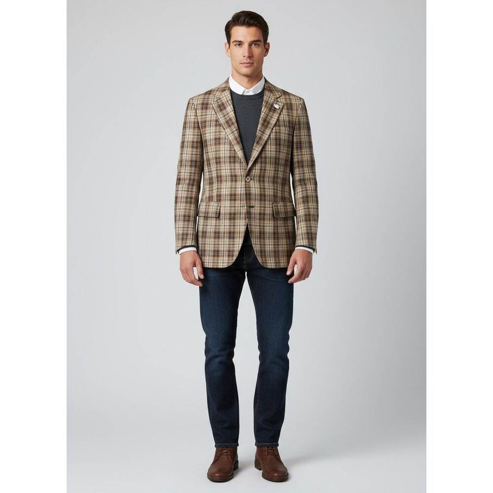 Vintage Hart Schaffner Marx 2-Button Plaid Blazer Mens Chest 44 Tan Beige